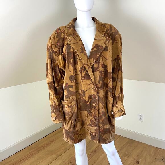 Vintage 80s Novelty Camels Men Fighting War Suede Leather Coat Elegance Boutique - Picture 3 of 15